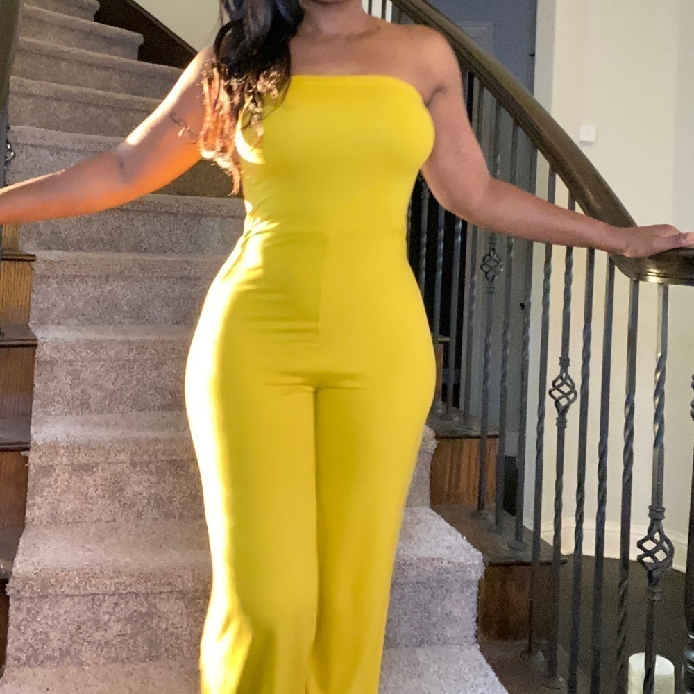 bandeau tube top women’s jumpsuit, yellow sleeveless wide leg one piece, NWT